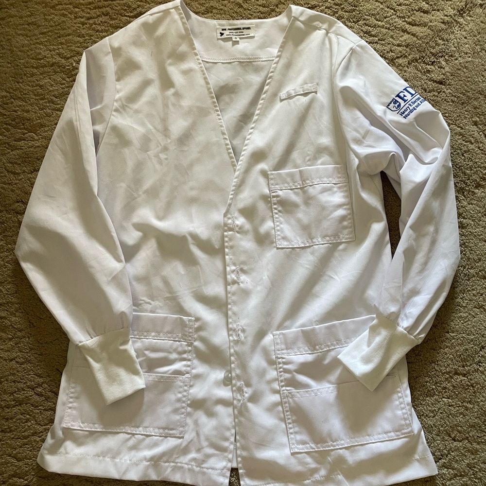 White Nursing Lab Coat with FDU Fairleigh Dickinson university Embroidery
